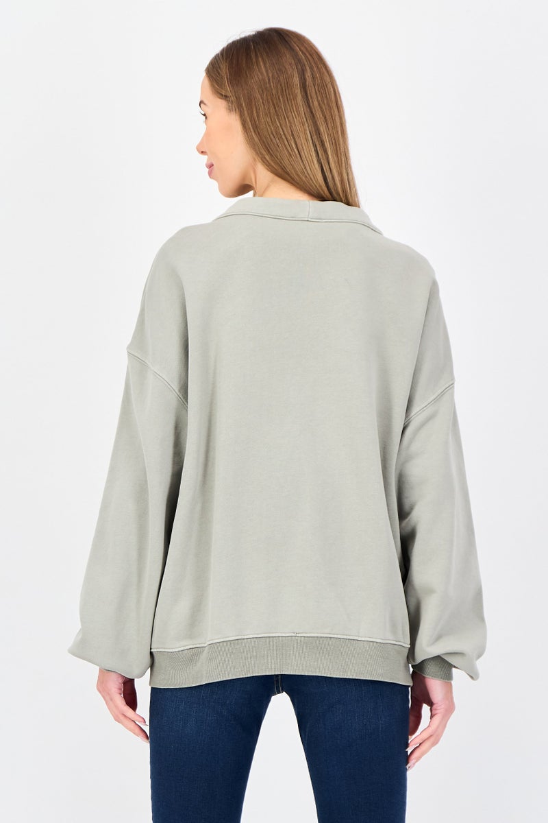Lime Women V-Neck Solid Long Sleeve Sweatshirt, Sage Green - Image 3